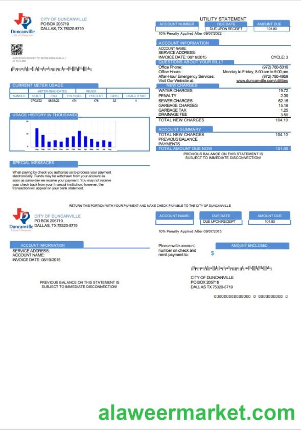 USA Texas City of Duncanville utility bill template in Word and PDF format